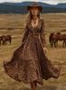 2026 Women's Spring/Summer V-Neck Long Sleeve Dress with Creative Pattern Background