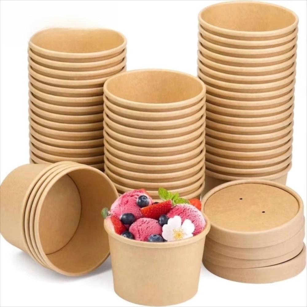 10PCS New Disposable Kraft Paper Bucket Bowl 8oz/12oz/12oz Hot Soup Bowl Takeaway Packing Boxes with Lid Kraft Paper Lunch Box