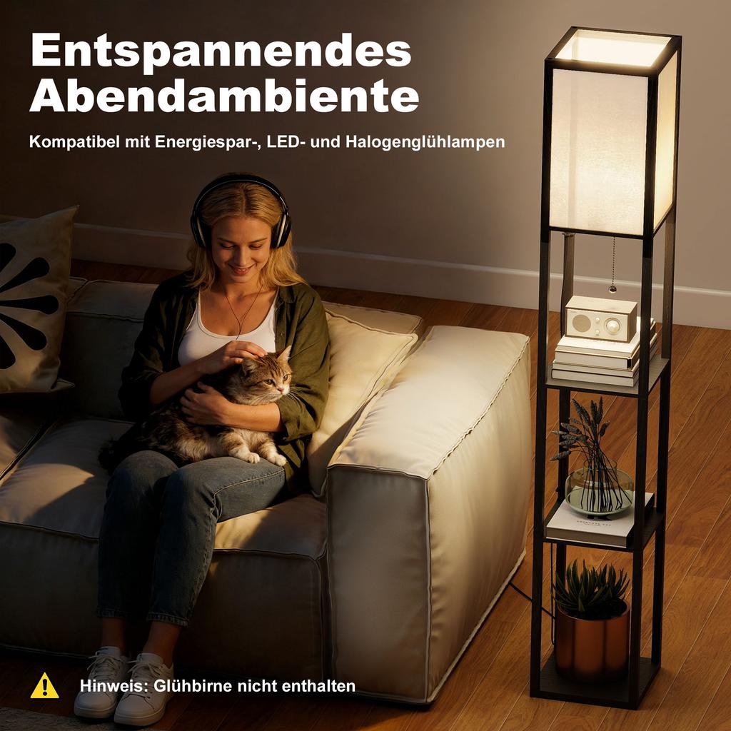 Floor Lamp with Shelves, Standing Lamp, Wood, 26 x 26 x 160 cm, for Living/Bedroom (Without Light Bulb)