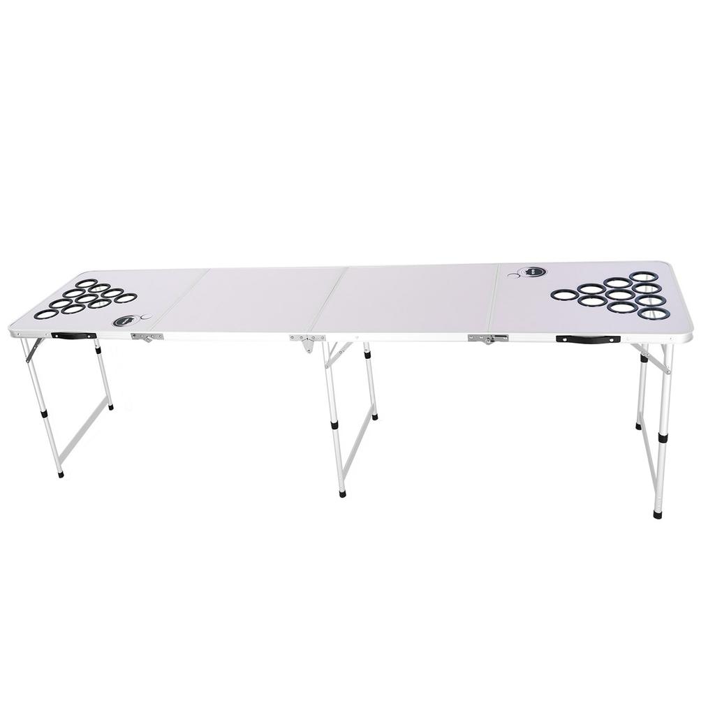 2.4 m Portable Beer Pong Table, Folding Tailgate Table, Cup Holes, Dry Erase Markers and Carrying Handles, Adjustable Height, Lightweight Table for