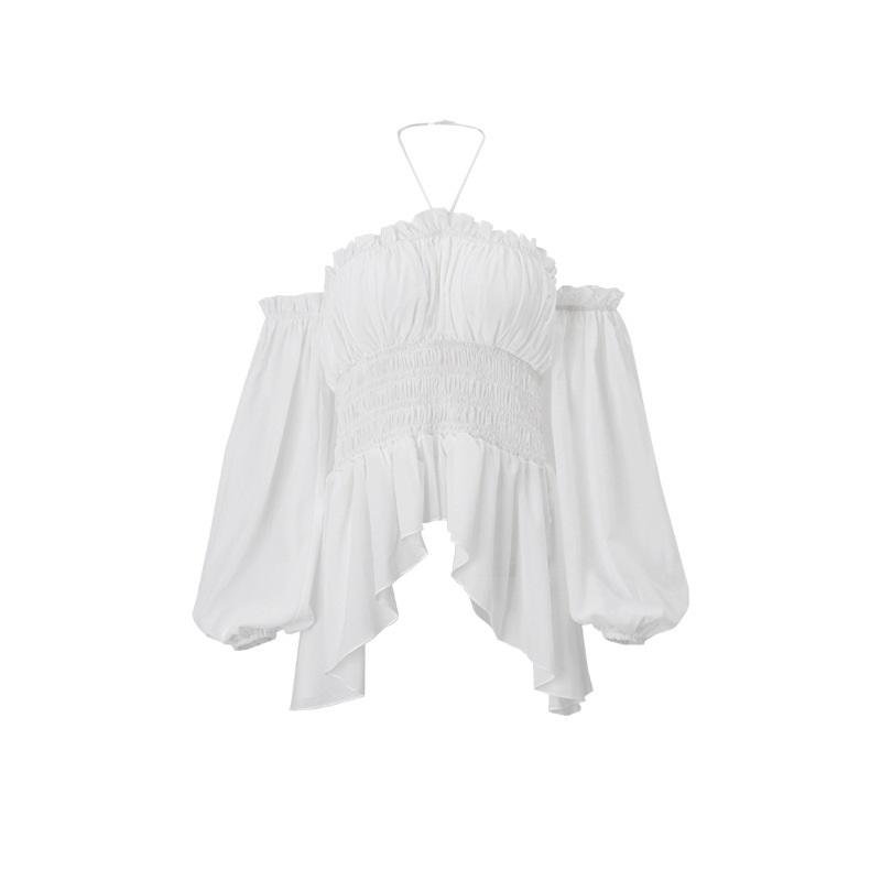 Spring Sexy Off Shoulder Ruffled Peplum Slim Fit Lantern Sleeve Halter Top For Women