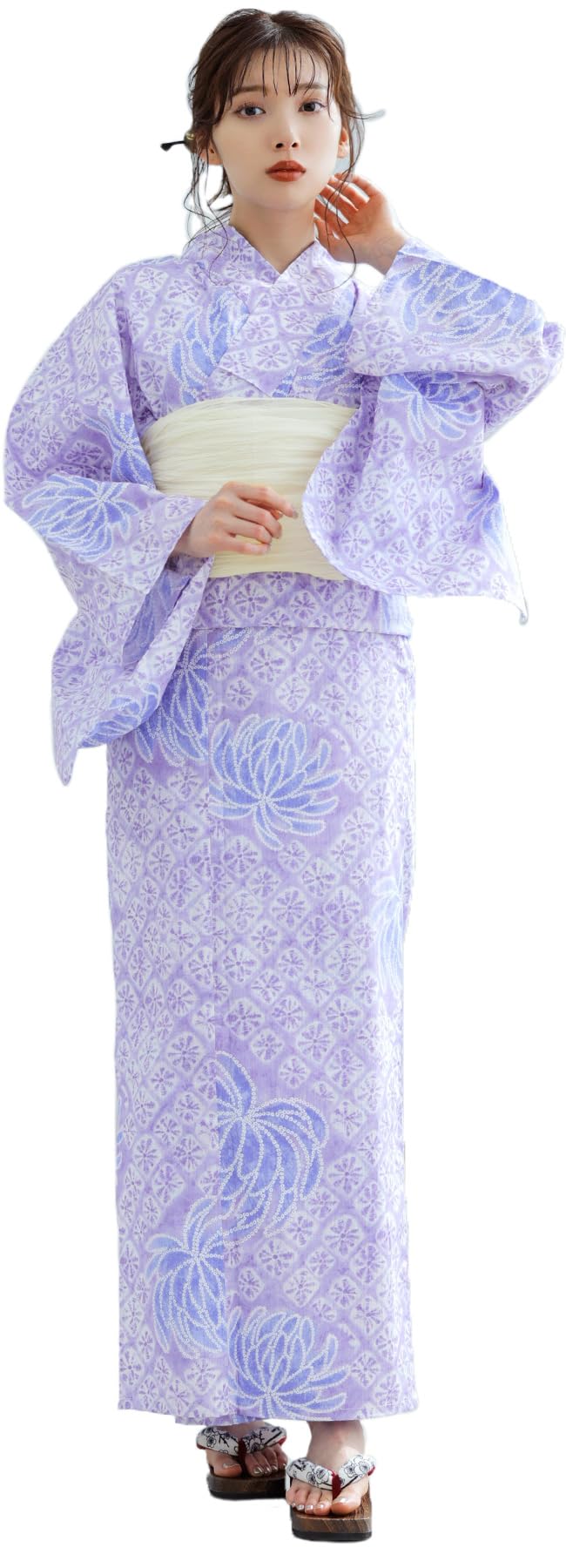 (Dita) Women s Yukata 5-Piece Set: Blue, Purple, White, Classic Pattern, Japanese Style, Bold, Modern, Retro, Elegant, Easy to Wear by One Person (2.