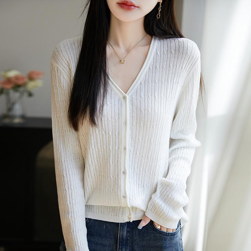 

2025 Весна/Лето Женский Шерстяной Шелковый Кардиган Свободной Трикотажи с Длинным Рукавом и V-образным Вырезом Medium