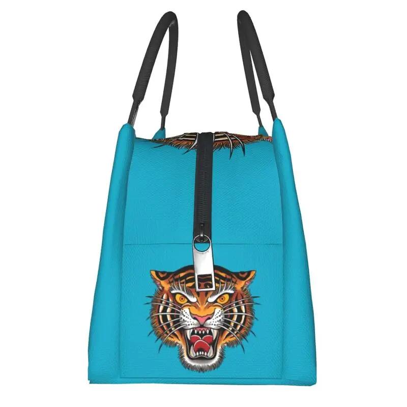 Custom Gothic Traditional Tattoo Tiger Head Lunch Bag Women Cooler Thermal Insulated Lunch Box for Work Pinic or Travel