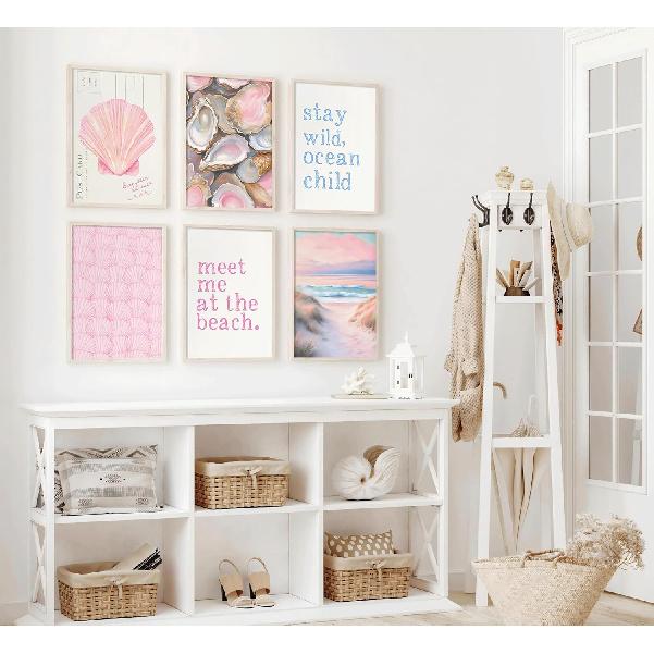 Pink Beach Preppy Wall art Coastal Granddaughter Aesthetic Room Painting Picture Wall Decor Shells Oyster Poster Print Artwork for Girls Room Girls