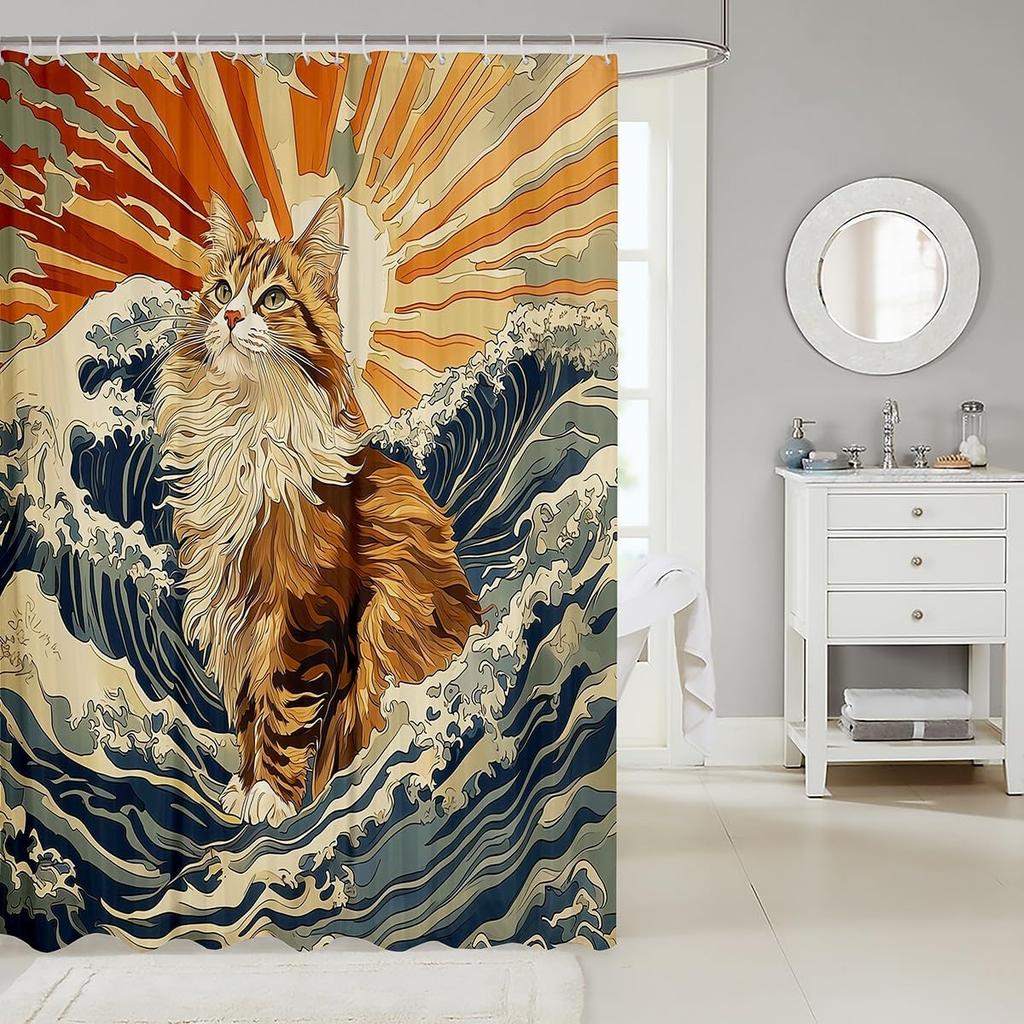 Cartoon Cat Kids Shower Curtains,Ocean Wave Japanese Ukiyo-e Bathroom Curtain,Ragdoll Abstract Stripe Home Decor,Sea Blue Retro