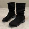 Fashion Classic Solid Black Suede Mid Calf Western Boots Women Brand Designer Medium Heel Riding Boots Sexy Pleated Silp On Winter Shoes