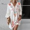 Summer Lady Dress Hollow Out Lace Patchwork Bohemian Three Quarter Sleeves Loose V Neck Printed Pleated Knee Length Vacation Beach Midi Dress