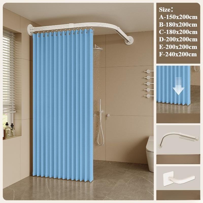 

180/200/240cm Curved Adhesive/hole-punching Shower Curtain for Bathroom Waterproof Partition Shower Enclosure Dry Wet Separation (Black,A-150x200cm) чорний