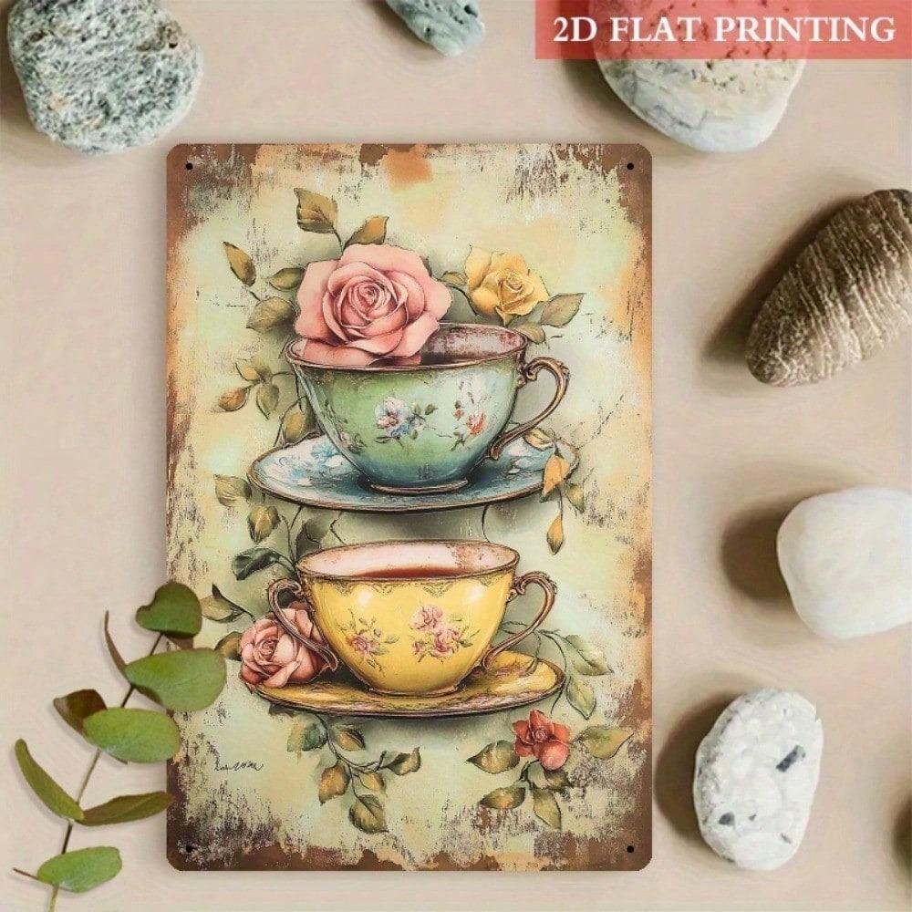 Vintage Floral Teacup Metal Wall Art 8x12 Inch Rustic Farmhouse Roses Tin Sign