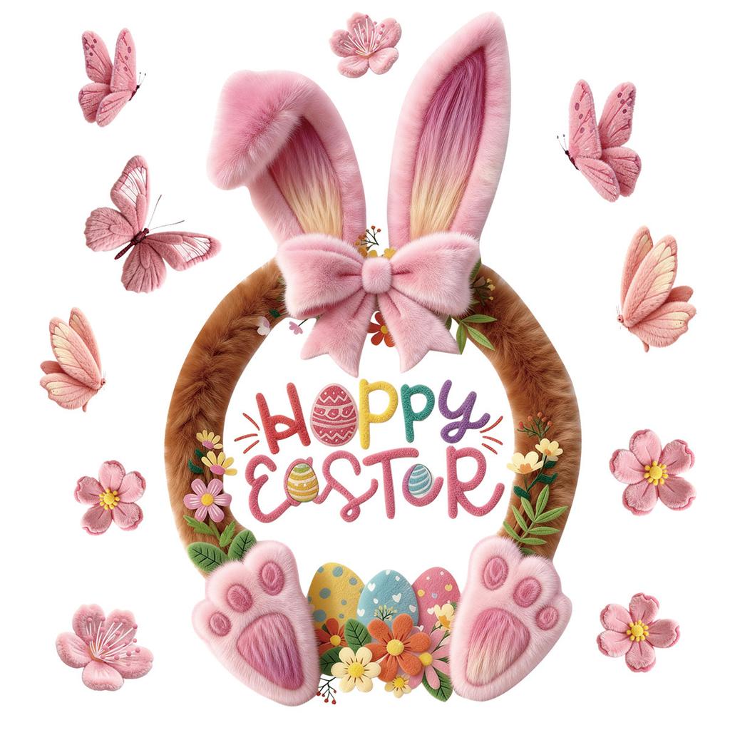 Easter Window Clings 2026 Pink Bunny with Flowers and Butterflies Static Clings for Glass Window Decoration Shop Window Decor