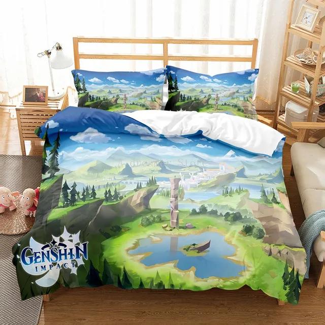 Genshin Impact Bedding Set For Kids Teens Boys Girls Game Duvet Cover With Pillowcase Microfiber Bedclothes Cartoon Bed Linen