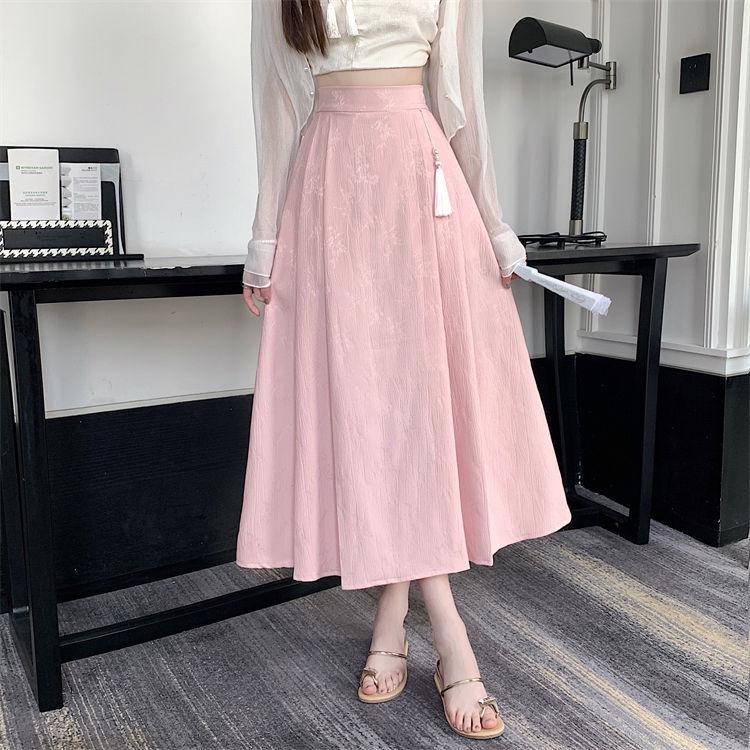 Elegant Jacquard Pleated Skirt for Petite Women - Elastic Waist, Slimming Design, Trendy Chinese Style