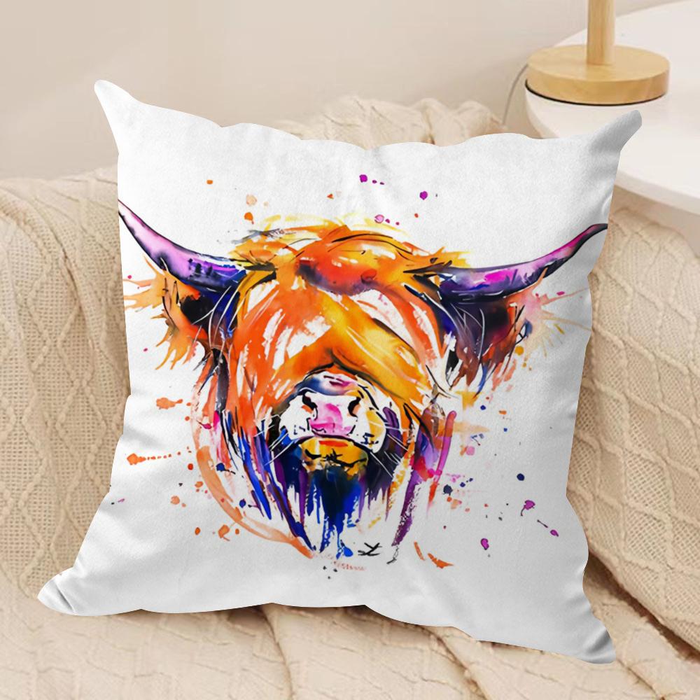Capa de Almofada Vaca das Terras Altas e Flor Tecido de Pelúcia Macio Capas de Almofada Impressas em Ambos os Lados para Todas as Estações Decoração de Casa