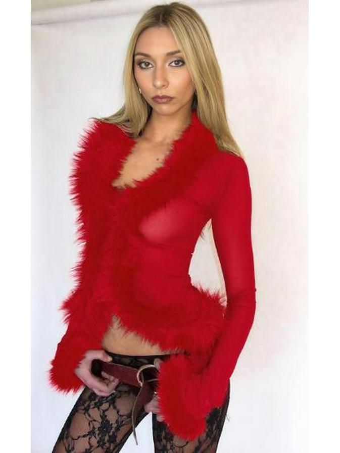 Пикантная Девушка Сексуальный Меховой Воротник Сетчатый Прозрачный Длинный Рукав Укороченный Кардиган Small
