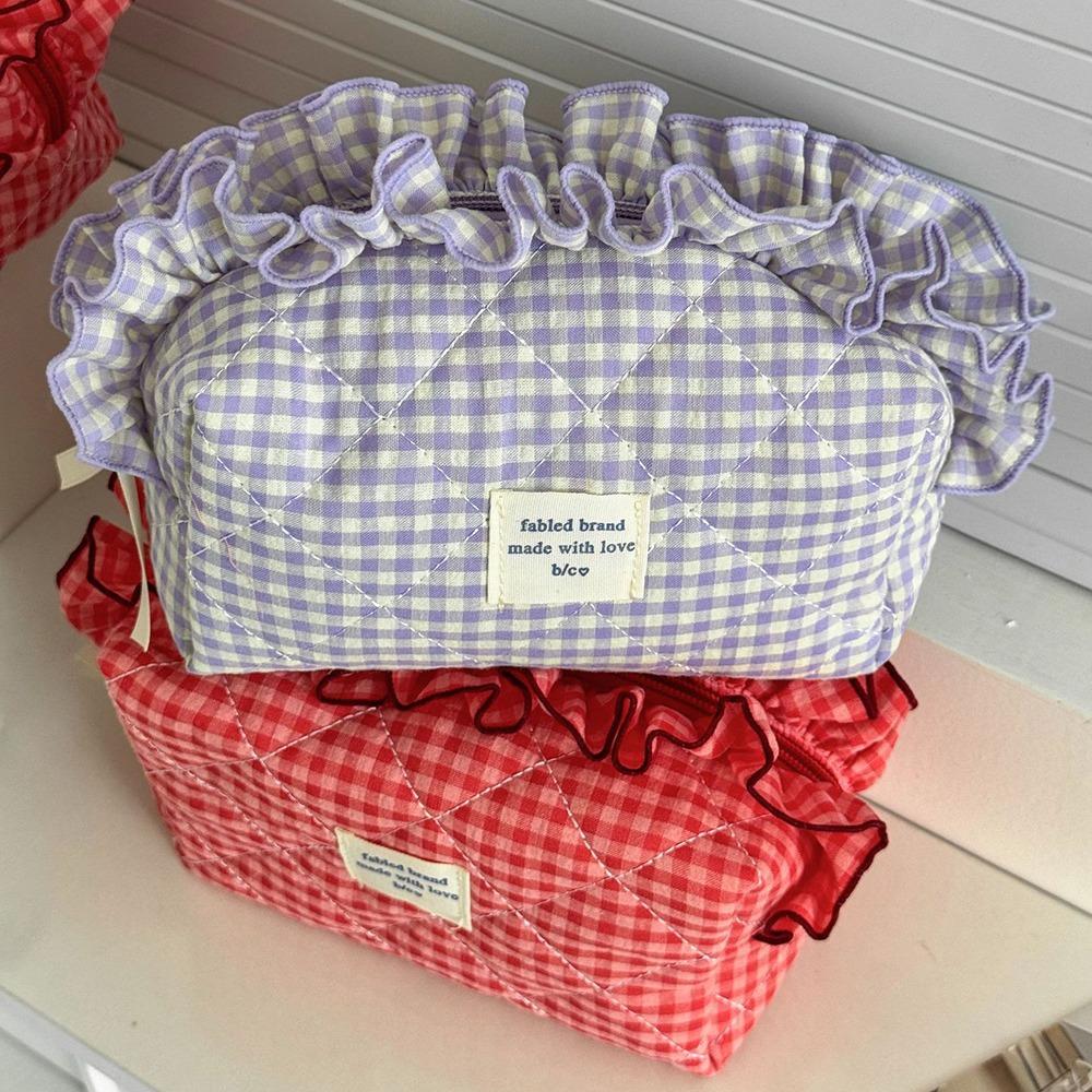 Plaid Pattern Ruffle Makeup Bag Large Capacity Toiletry Organizer Small Fresh Cosmetic Cases  Women