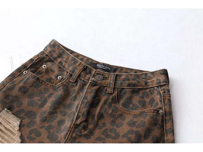 Women's Summer High Waist Leopard Print Ripped Denim Shorts