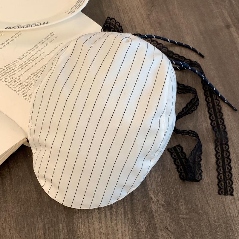 

25 New sweet and cool lace streamer striped retro forward hat women s literary and versatile newsboy hat big head circumference beret Average size (58-60cm)