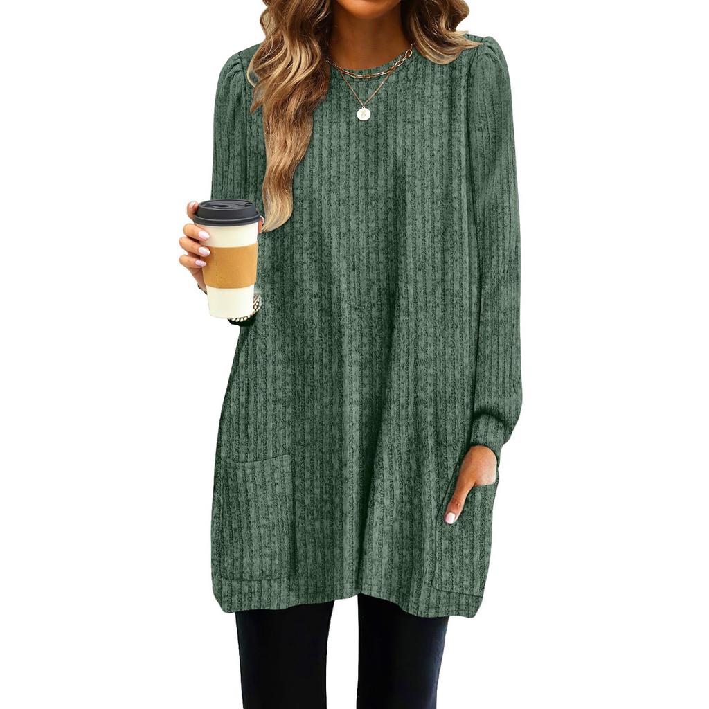 Fashion Women Knit Long T-shirts Women Loose Fit Long Sleeve Pockets Pullover Sweater Casual Autumn Winter Solid Color Chunky Knit Top