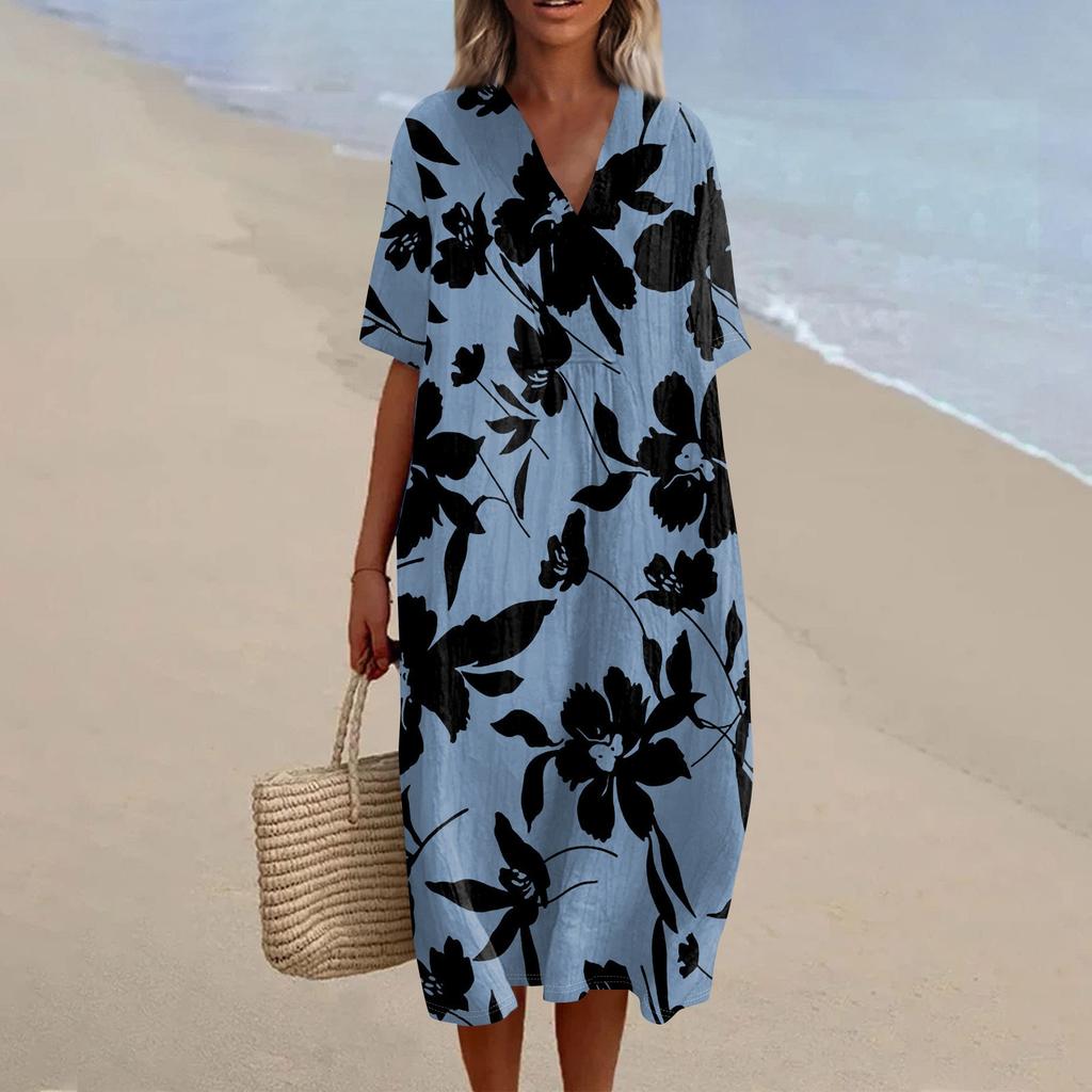 Women's Loose Casual Fashion V-Neck Printed Dress Beach Skirt