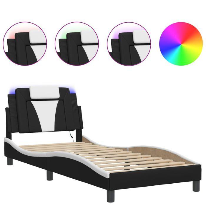 VidaXL Bed Frames with LED Lights, Upholstered Bed with Cushion, Single Bed, Adult Bedroom Bed, Modern, Black White 3213999