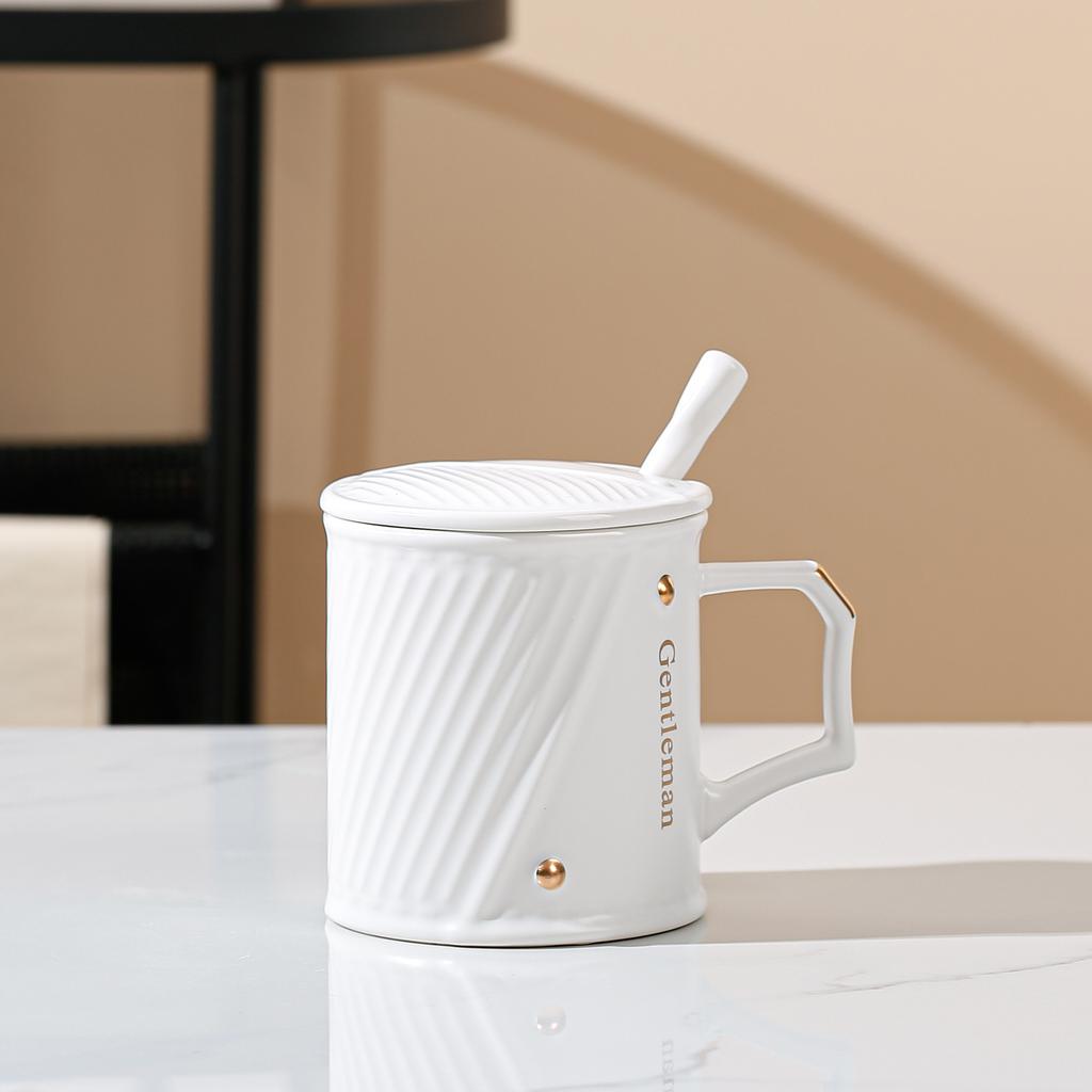Personality Simple Embossed Light Luxury Twill Office Water Cup Ceramic Mug with Lid Spoon Household Mug Large Capacity