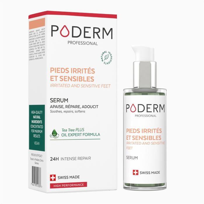 PODERM • PIEDS IRRITÉS ET SENSIBLES • Répare et apaise les irritations cutanées en 24h • Enrichi en Tea Tree • Swiss Made