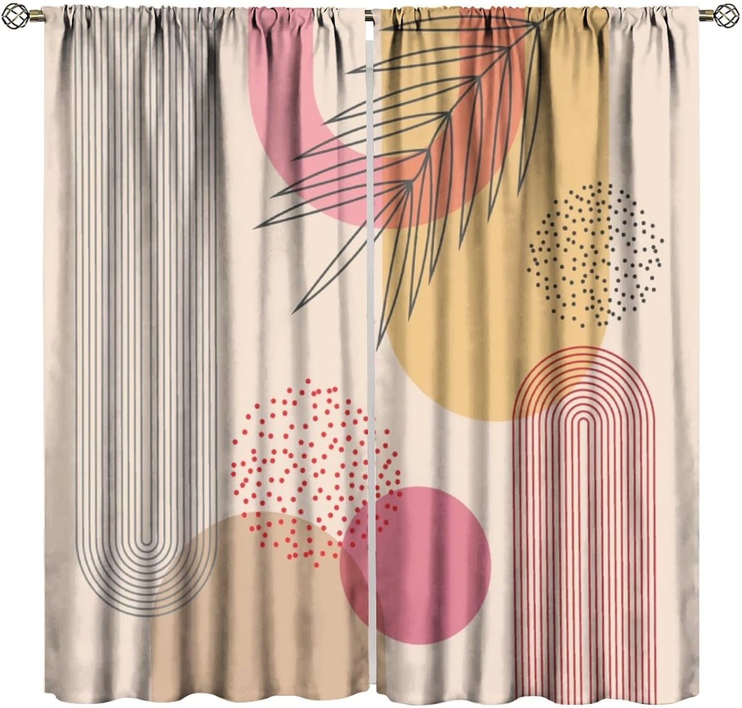 Modern Shapes Curta – Abstract Circles, Lines & Leaf Motifs In Warm Tones, Rod Pocket Drapes For Living Room Or Bedroom 53x116cm 2pc21x46in