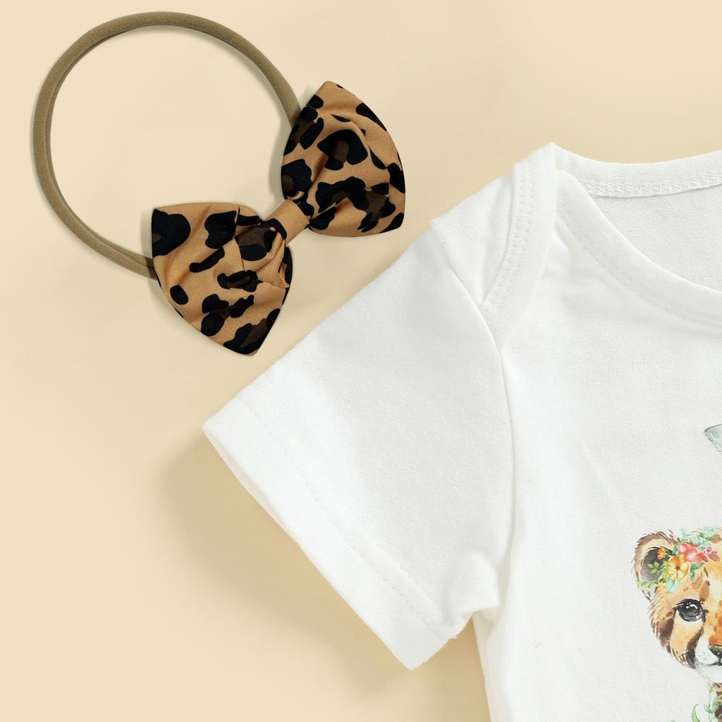 Baby Girl Summer Clothes Suits Short Sleeve Crew Neck Romper Zebra Pattern Leopard Lace Patchwork Skirts Headband 3Pcs Set