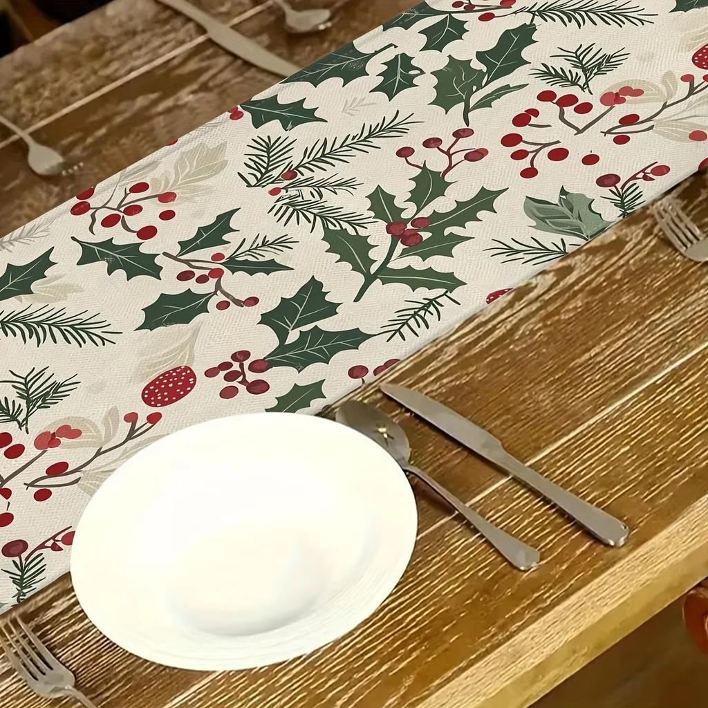Böhmischer Weihnachts-Tischläufer Stechpalmenrot Beeren Grünes Laub Rechteckig Küche Esszimmer Feiertags-Partydeko