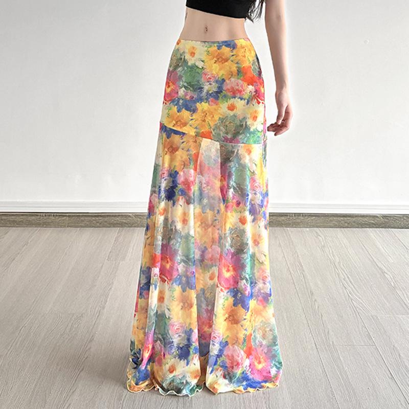 Spicy Floral Ruffle Mesh Skirt - Irregular Hem for Summer Vacation