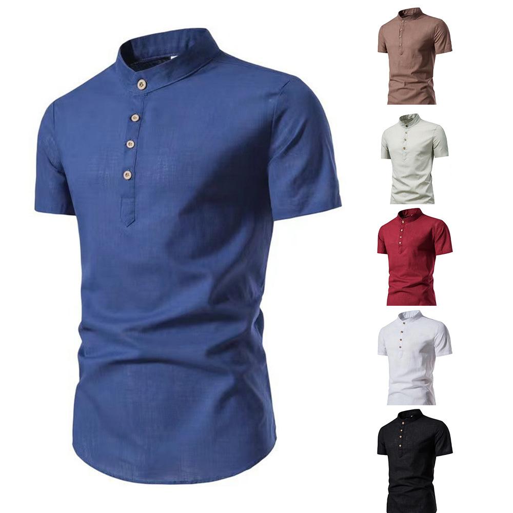 Cotton Summer Men's T-shirt Henry Collar Button Design Short Sleeved Shirt Thin Breathable Solid Color Casual T-shirt