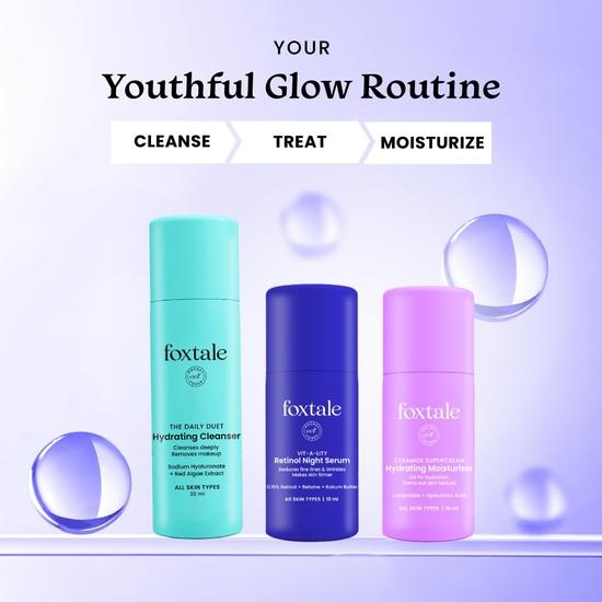 Foxtale Youthful Radiance Travel Kit | Hydrating Cleanser, Retinol Serum & Moisturizer | For Hydration & Radiance | Travel Pouch Included | Pack of 3