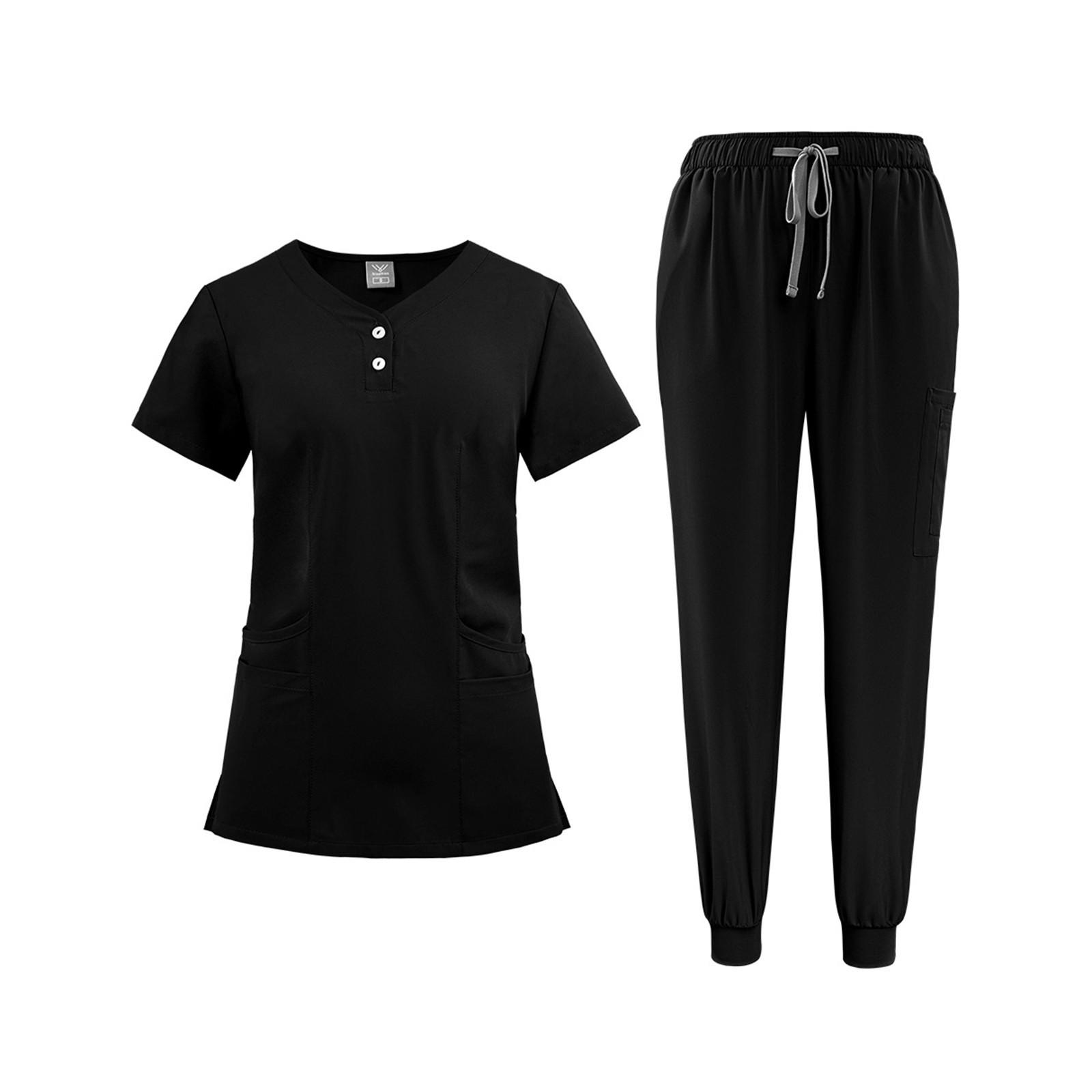 

Женская униформа из быстросохнущей ткани, однотонный костюм с V-образным вырезом, карманами и короткими рукавами, рабочая одежда для медсестер M чёрный