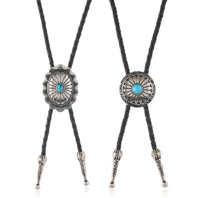 Turquoises Flower Pendant Bolo Tie Necklace For Men Women Cowboy Adjustable Leather Cord Necktie Casual Evening Wear