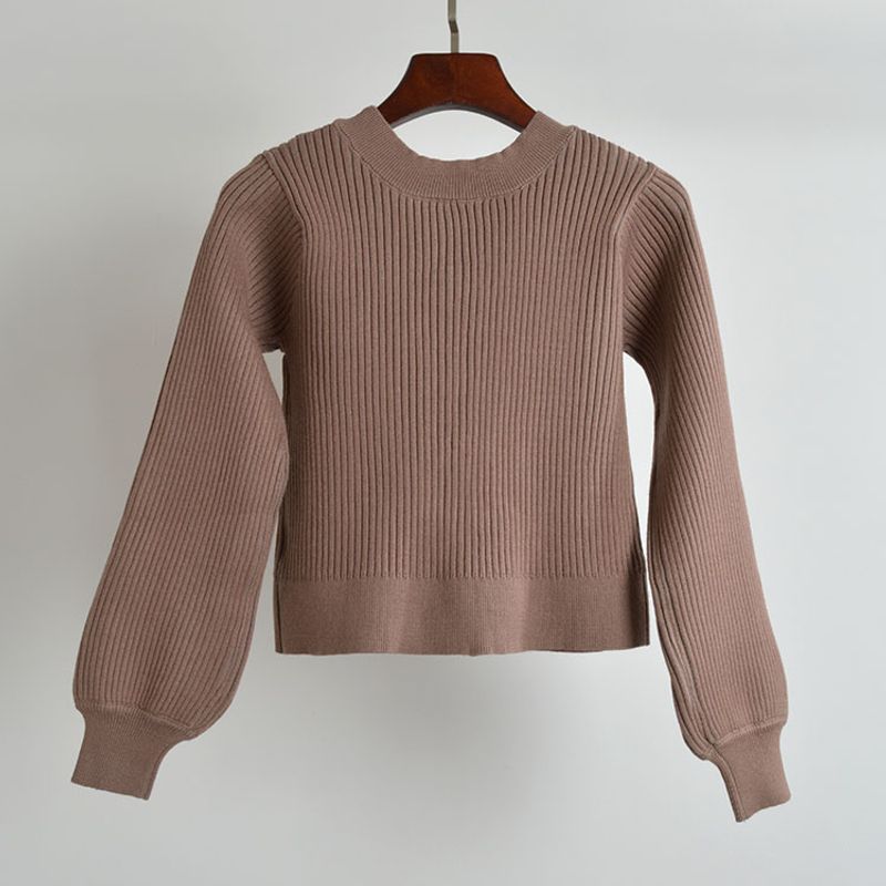 French Pure Color New Arrival Sunken Stripe V-neck Lantern Sleeve Knitting Sweater Cardigan Female Slim Fit Slimming Long Sleeves Coat Top