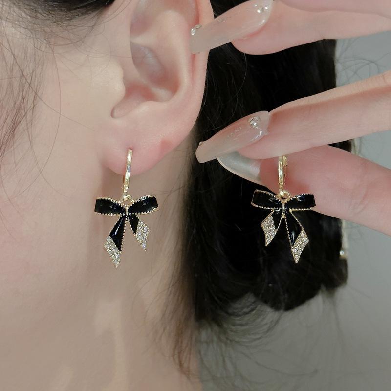 Korean black bow temperament versatile style high-end design stud earrings