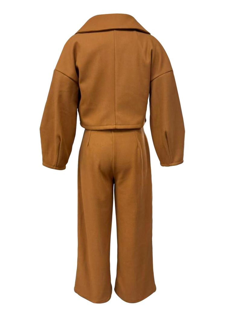 European & American Autumn/Winter Solid Color Wool Lapel Top & Casual Long Pants Set