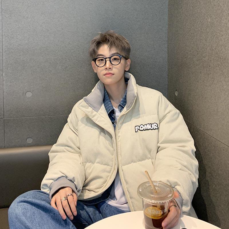 Men's Retro Corduroy Stand Collar Jacket, Autumn/Winter, Thickened with Letter Patch, Color Melange, Cotton Padded Outerwear.