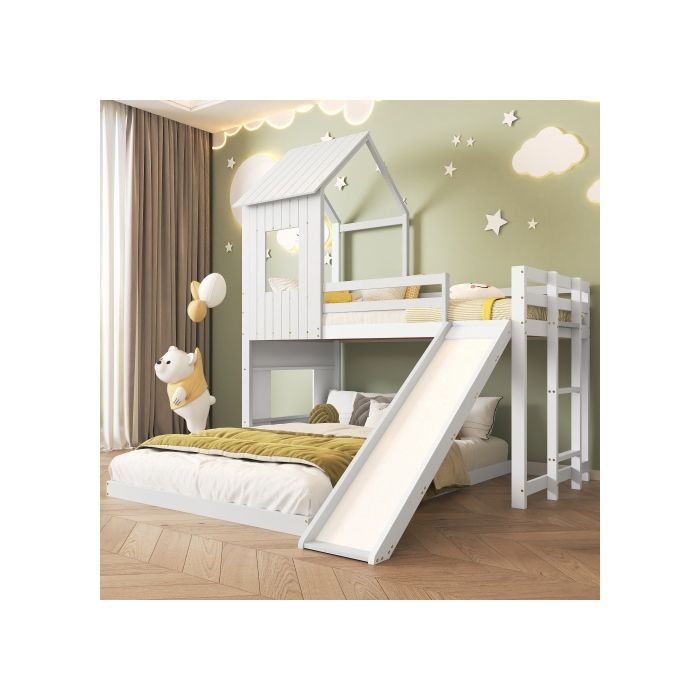 Pat supraetajat - MUVOE - 140x200cm și 90x200cm - cu tobogan - din pin alb - sigur și amuzant