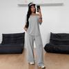 Brown Off Shoulder Short Sleeve Top and Wide Leg Pants Casual Sport Two Piece Set
