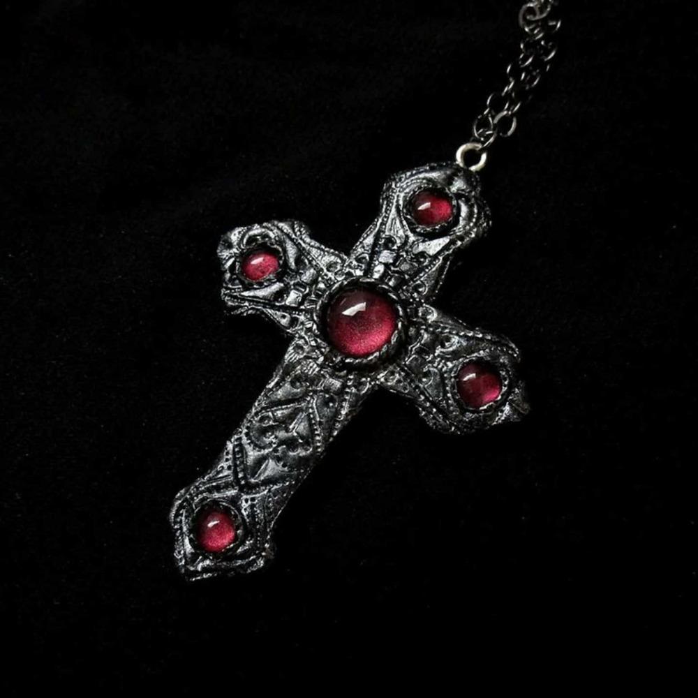 Gothic Retro Inlay Red Opal Large Cross Pendant Necklace for Women Halloween Party Vampire Collar Chain Jewelry Accessories Gift