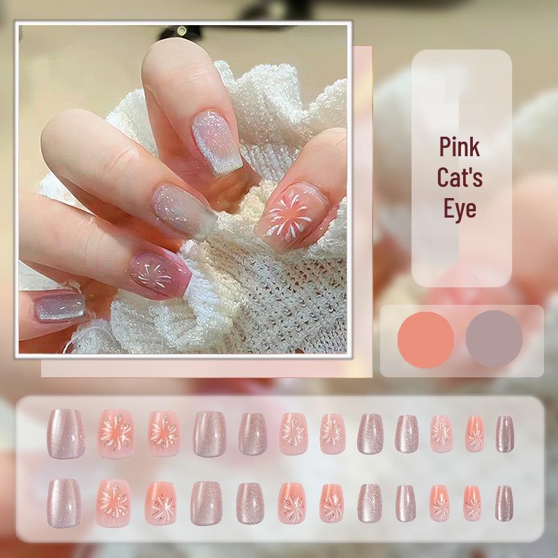 Cat Eye Press-On Nails: Luxurious Nail Art Tips with Stone Glass Beads In Long & Short Whitening Styles