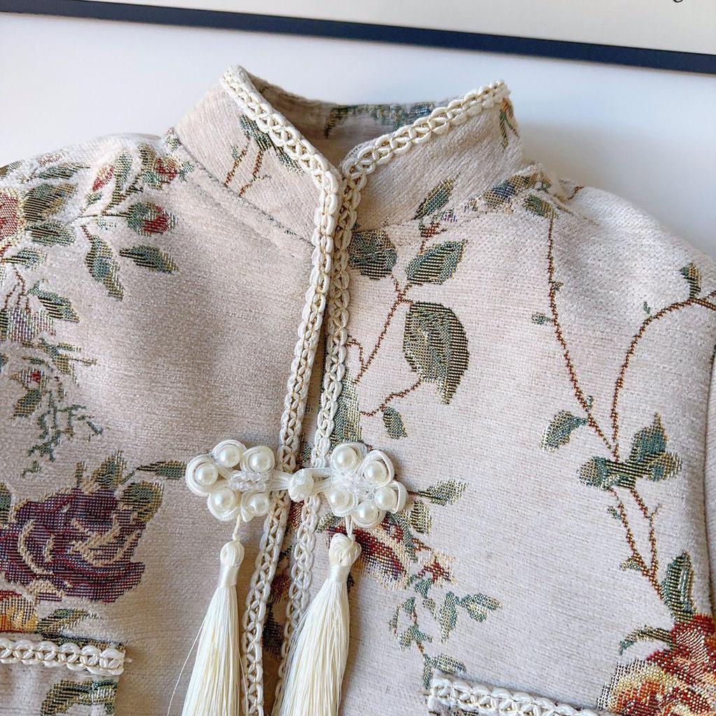 Zestaw Sukienka i Kurtka w Chińskim Stylu z Postrzępionymi Krawędziami dla Dziewczynek - Zima 2024