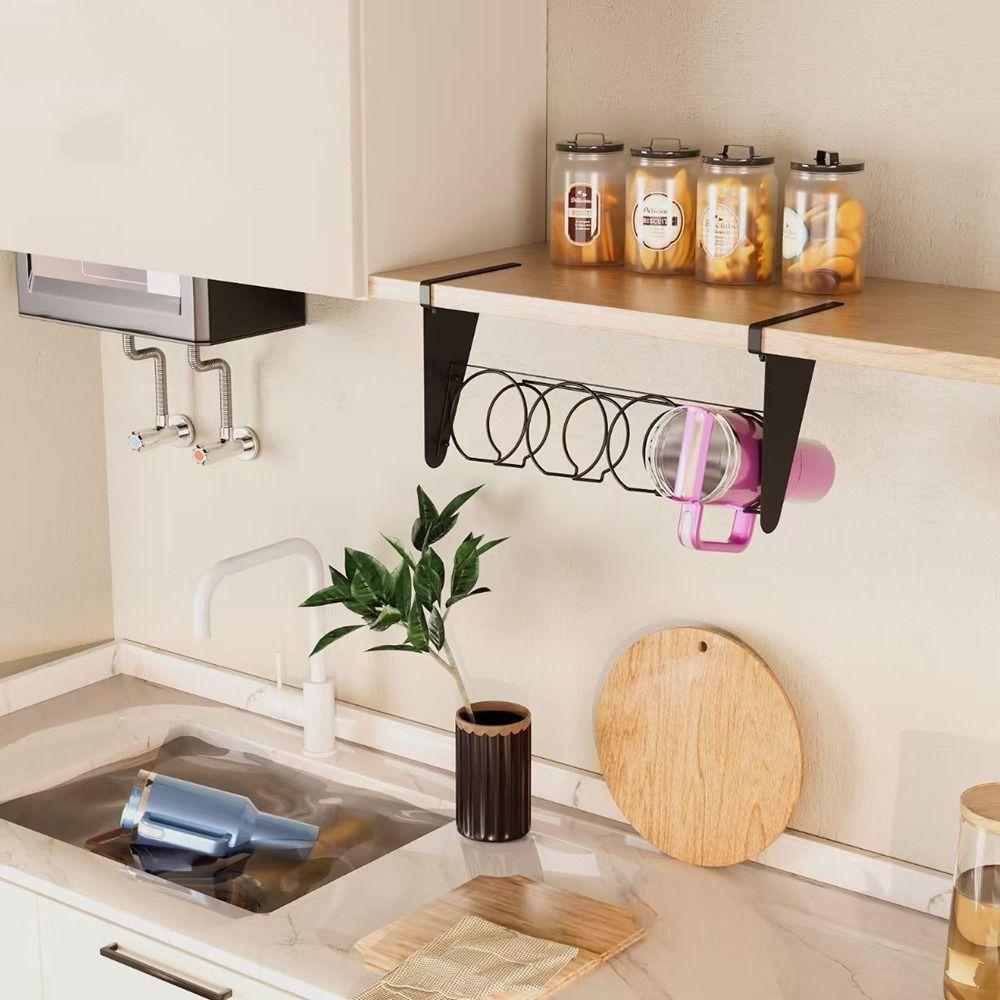 Wall Mounted Under Cabinet Water Bottle Organizer Carbon Steel Cup Storage Rack  Kitchen