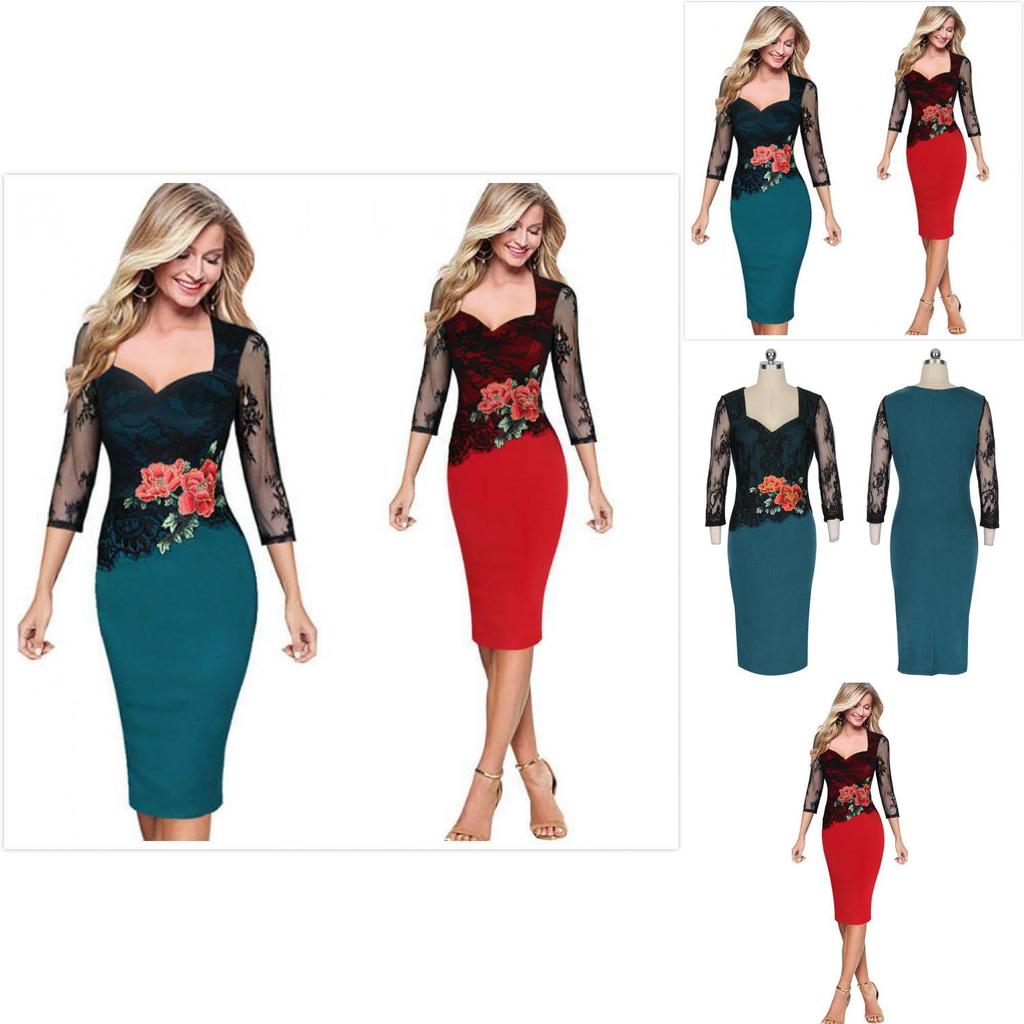 Office Women Sexy V-neck Lace Embroidered Floral Cocktail Evening Party Dress In Premium Quality Fabric