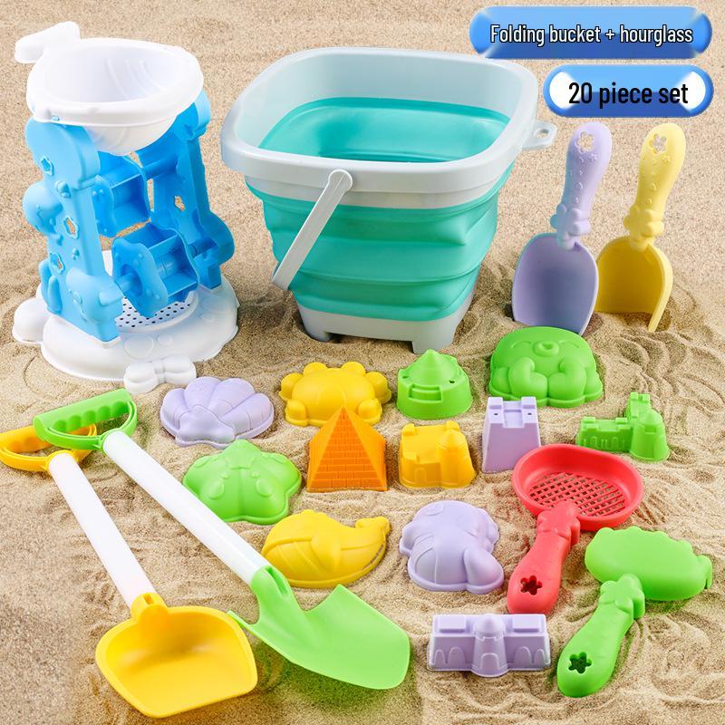 Cross-border Kid's Beach Toy Set: Folding Bucket, Shovel, Sand Tools & Sandglass Accessories
