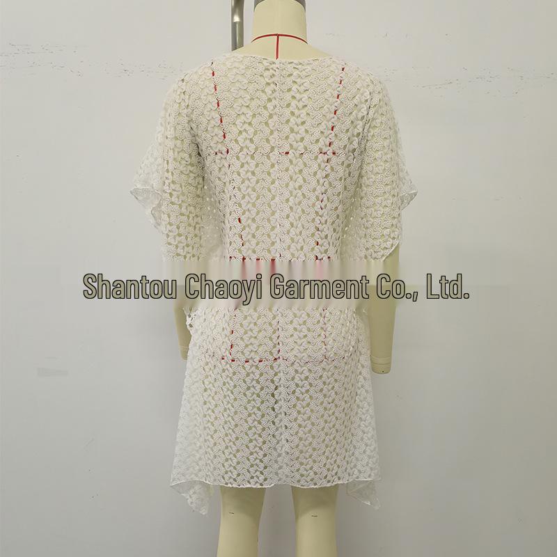 European & American Women's Sexy Hollow Deep V-Neck Knit Waist-Cinching Beach Cover-Up Dress