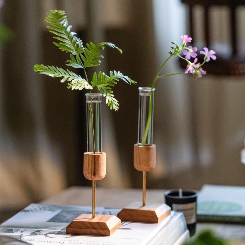 Creative Home Desktop Ornaments Wooden Vase Test Tube Transparent Glass Hydroponic Plant Flower Arranger