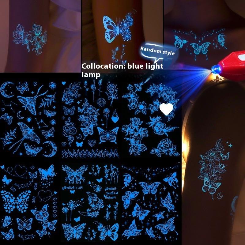 1/6 Sheets Blue Luminous Glow Tattoo Sticker Waterproof Temporary Finger Wrist Body Art False Butterfly Tattoo